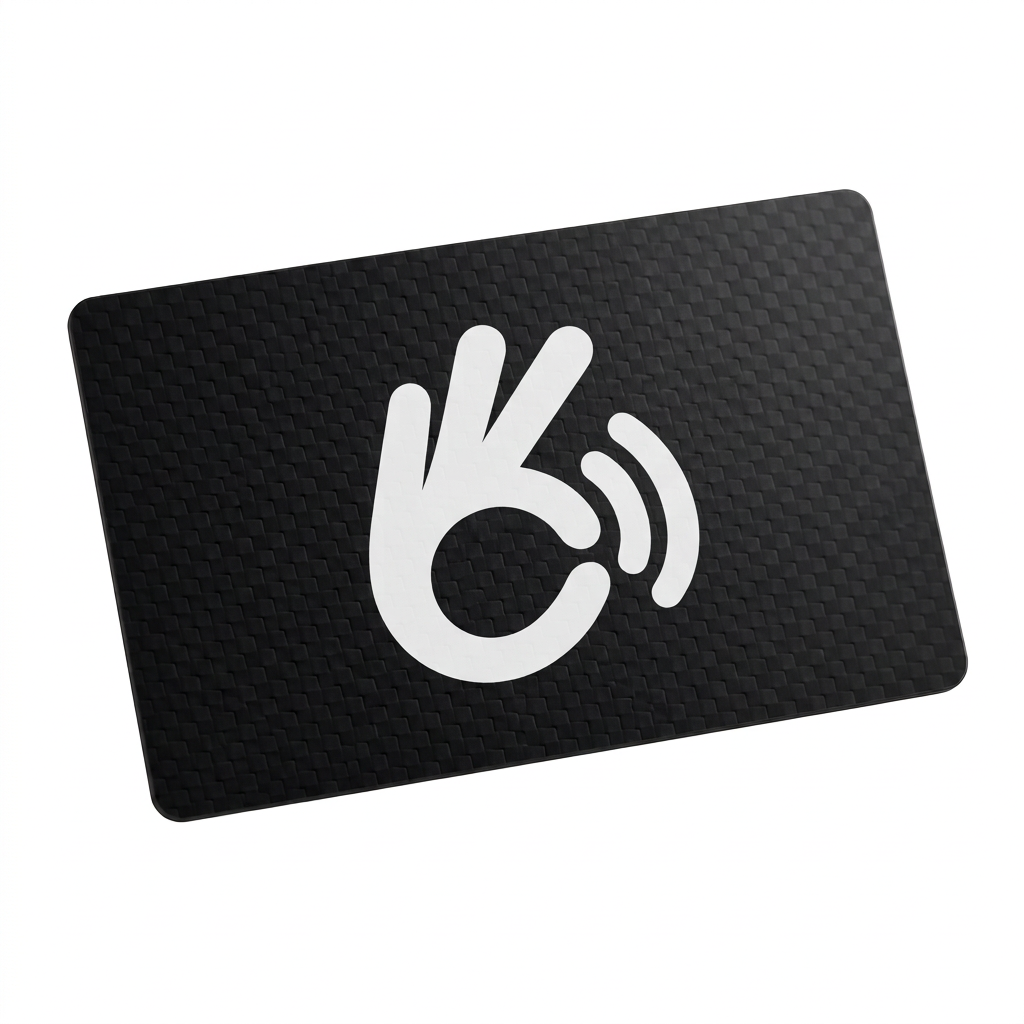 Cartão NFC Executivo preto fosco com logo Okaytag em branco