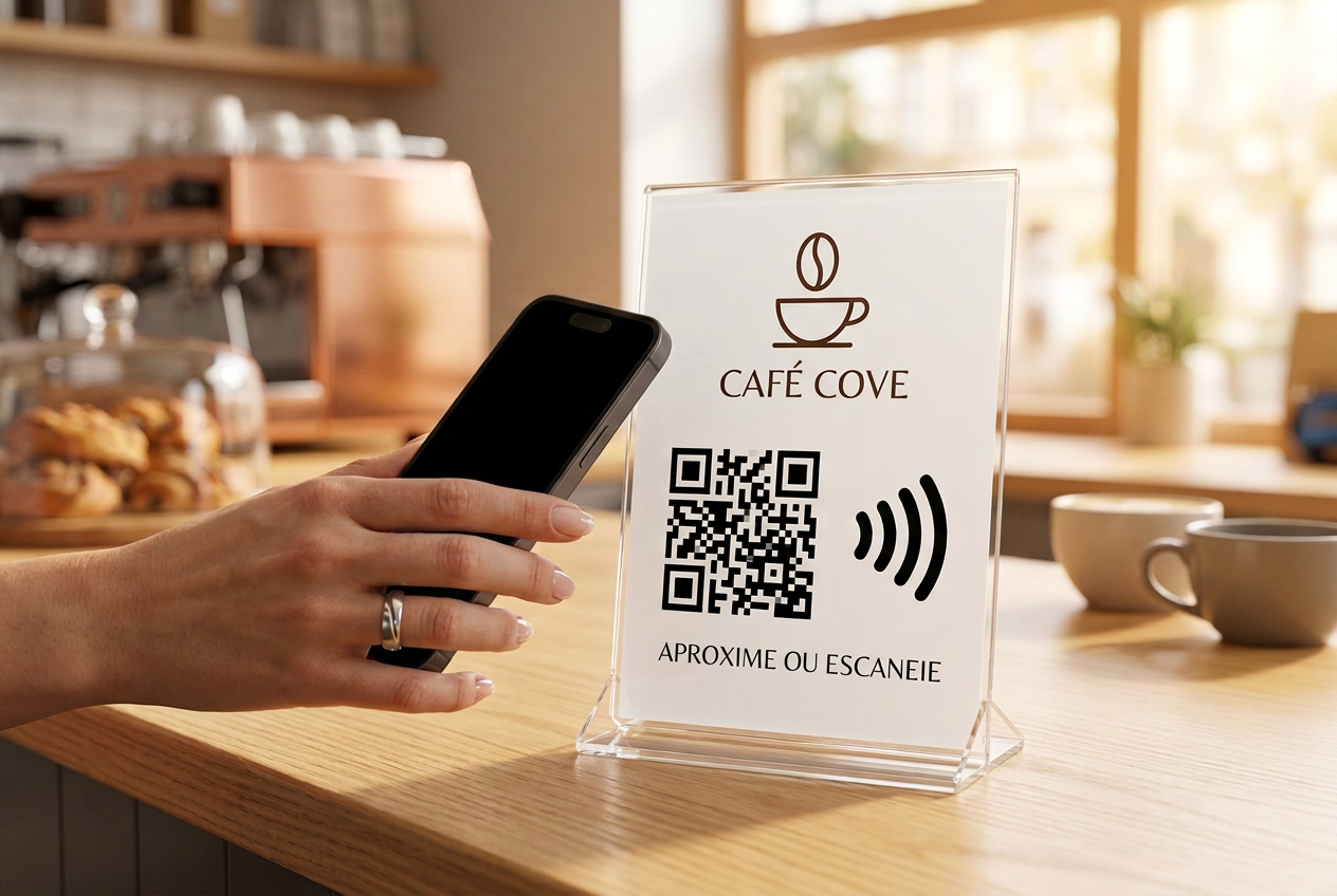 Display personalizado com NFC no balcão — imagem ilustrativa